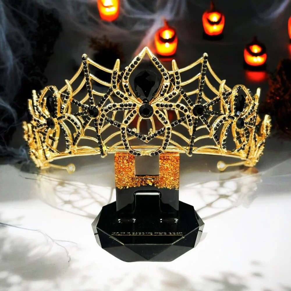 Spider woman crown, goth Halloween crown, Cosplay gold crown, Black spider crown